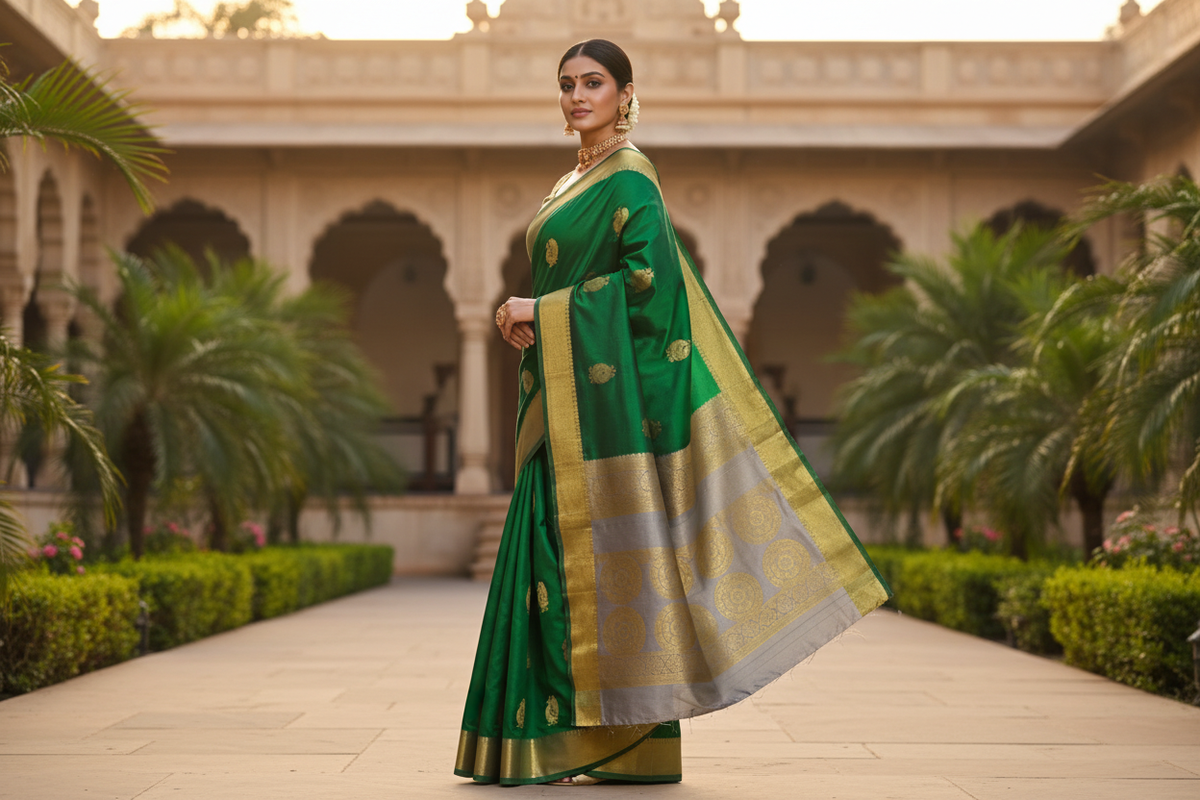 Aesthetic Saree Draping Pose - Green & Silver Kanchipuram