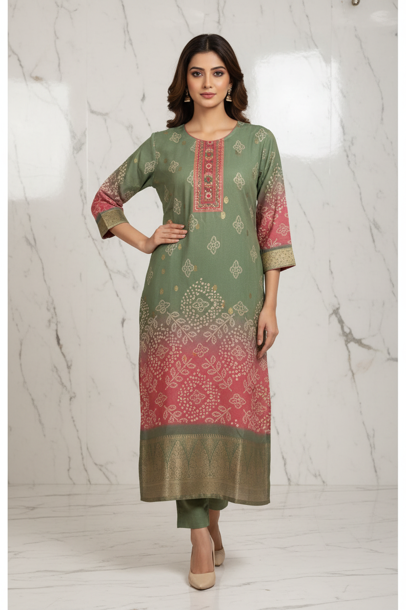 Model wearing sage green to coral ombre bandhani kurta
