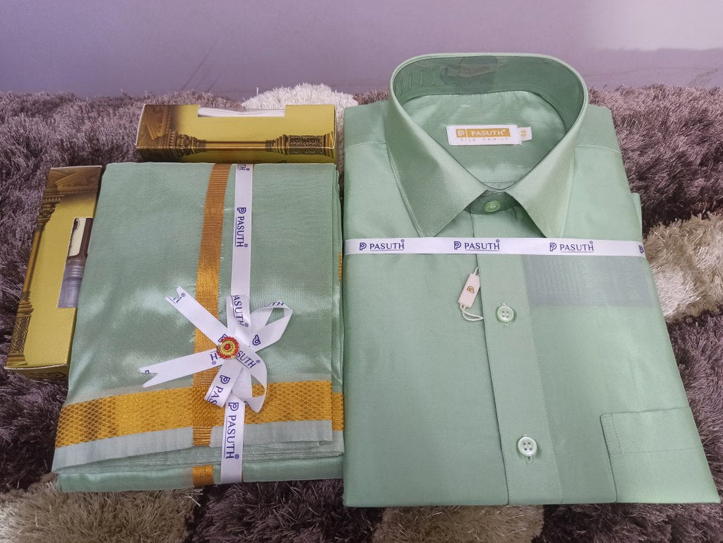 Art Silk Dothi Set  Shirt,Dothi,Kerchief &Belt- 3 In 1 ( Small Border)