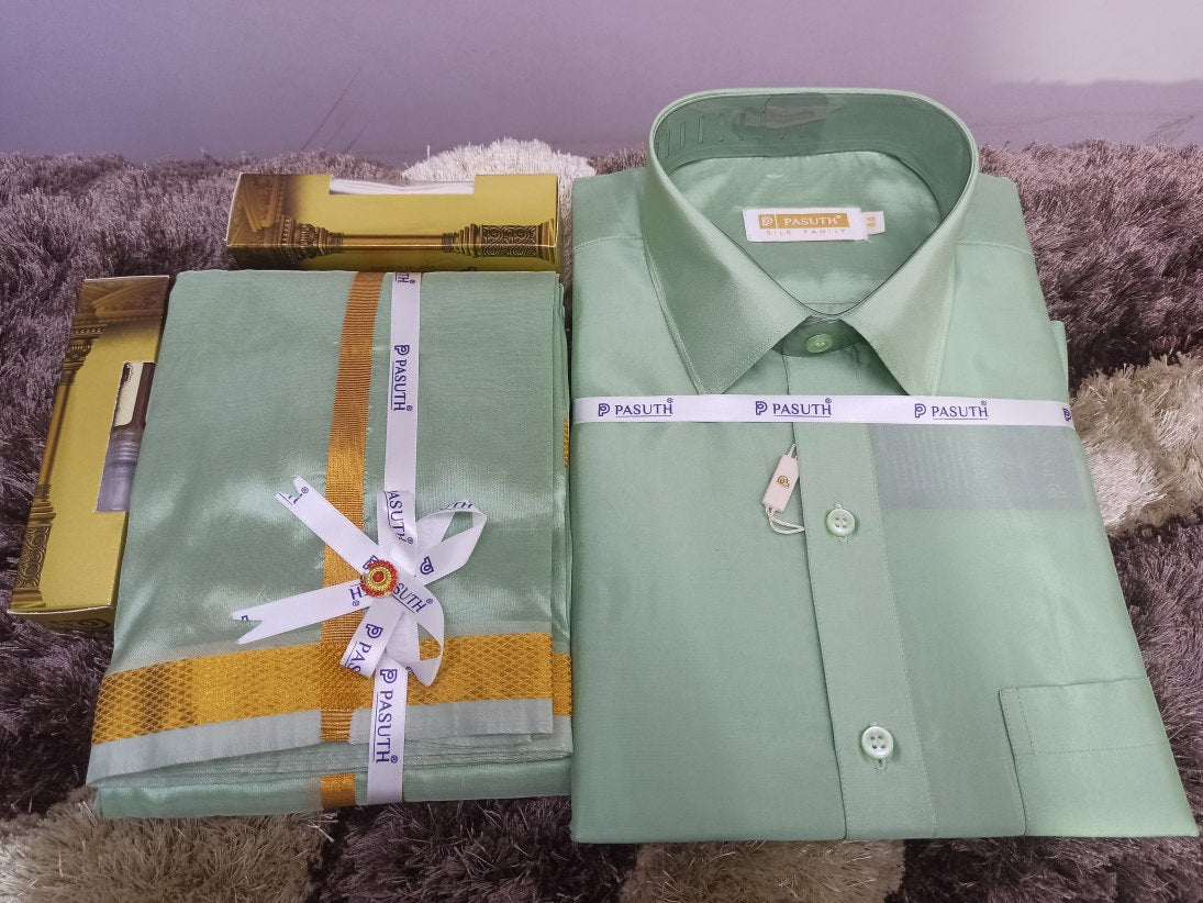 Art Silk Dothi Set  Shirt,Dothi,Kerchief &Belt- 3 In 1 ( Small Border)