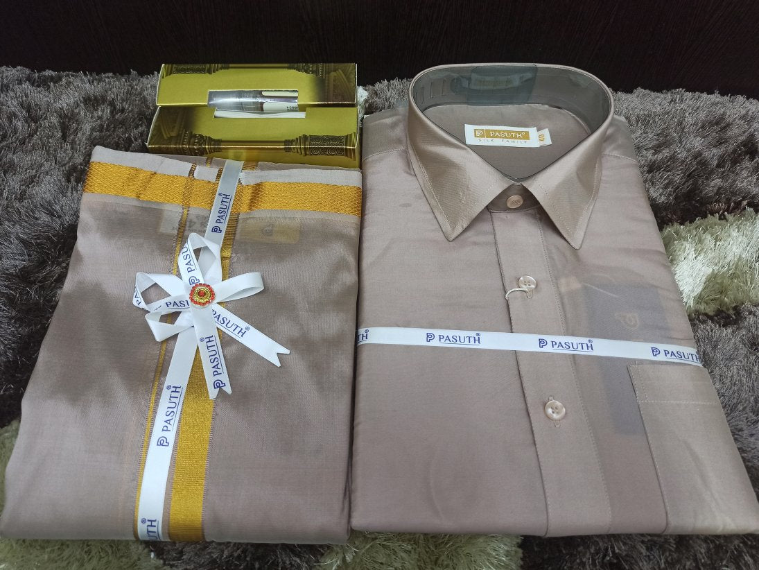 Art Silk Dothi Set  Shirt,Dothi,Kerchief &Belt- 3 In 1 ( Small Border)