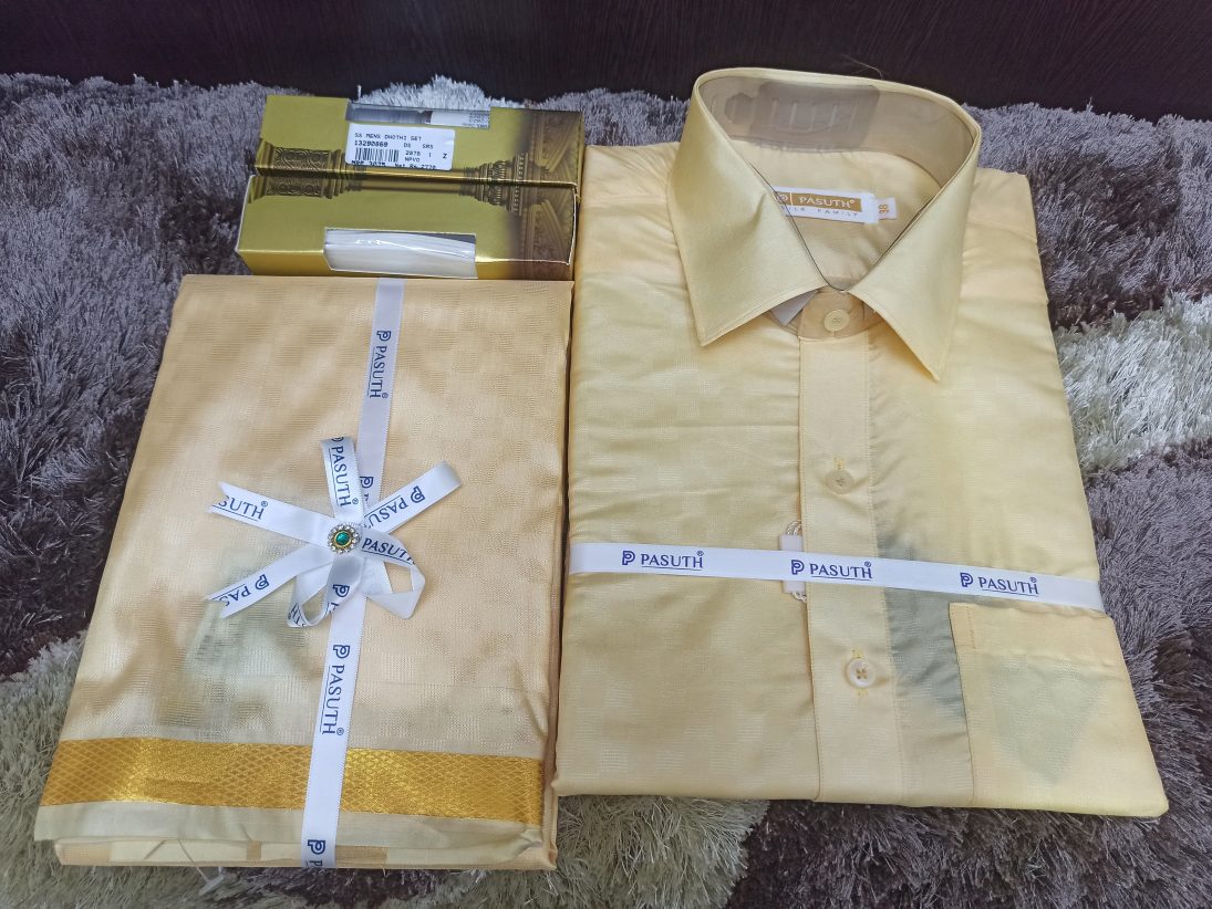 Art Silk Dothi Set  Shirt,Dothi,Kerchief &Belt- 3 In 1 ( Small Border)