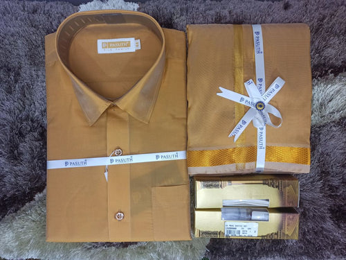 Art Silk Dothi Set  Shirt,Dothi,Kerchief &Belt- 3 In 1 ( Small Border)