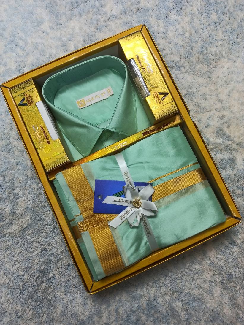 Art Silk Dothi Set  Shirt,Dothi,Kerchief &Belt- 3 In 1 ( Small Border)
