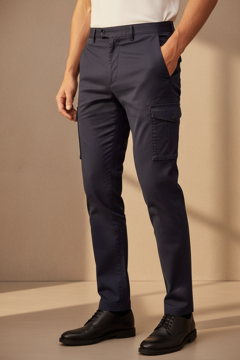Aesthetic editorial photo of male model in navy cargo pants