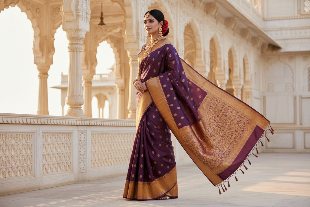 Aesthetic Saree Draping Pose - Deep Purple Kanchipuram