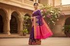 Aesthetic Saree Draping Pose - Deep Violet & Pink Kanchipuram
