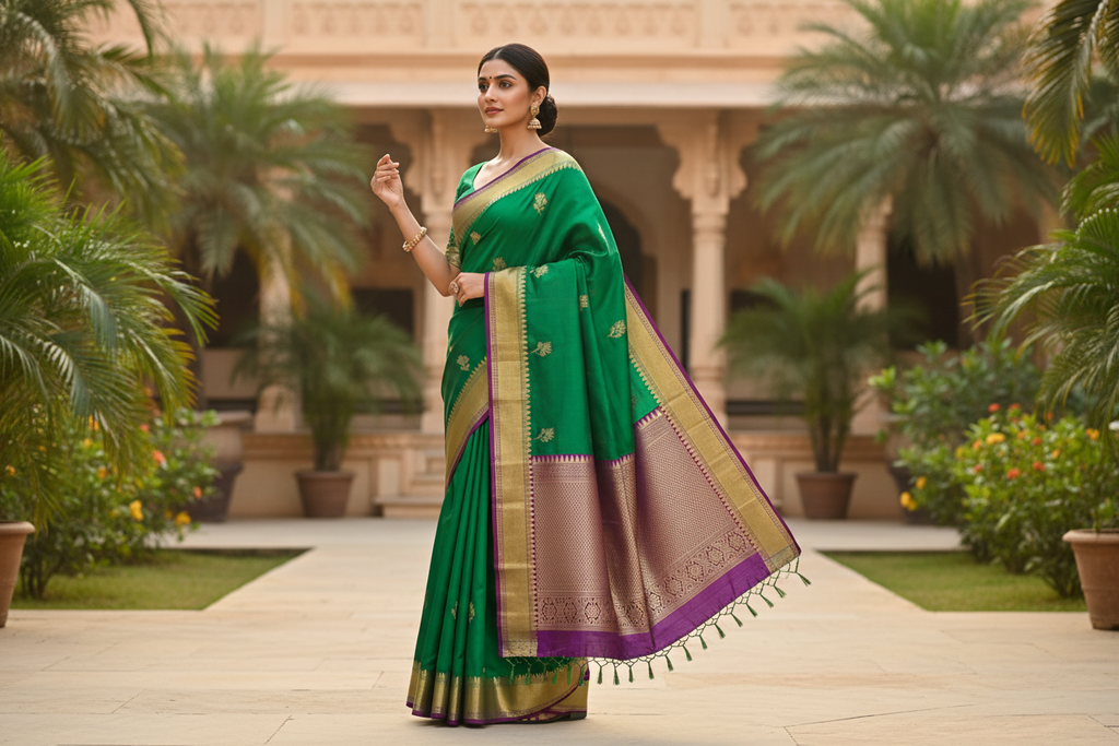 Aesthetic Saree Draping Pose - Emerald Green Kanchipuram
