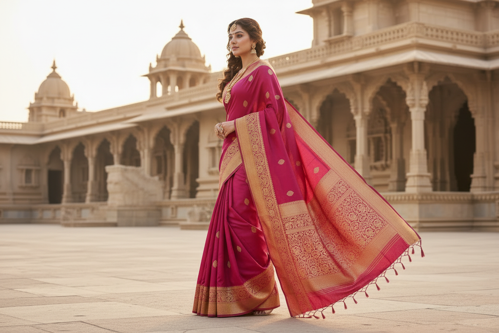 Aesthetic Saree Draping Pose - Magenta Kanchipuram