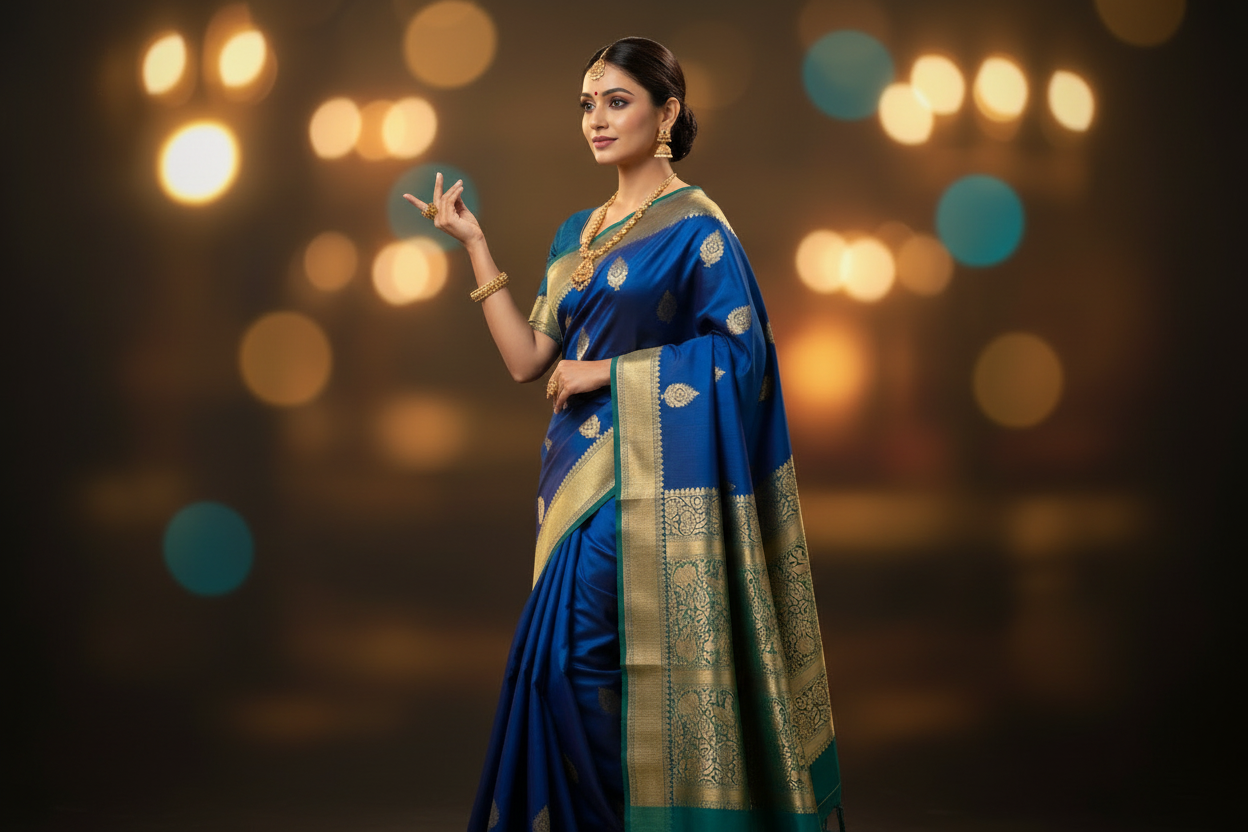 Aesthetic Saree Draping Pose - Royal Blue Kanchipuram