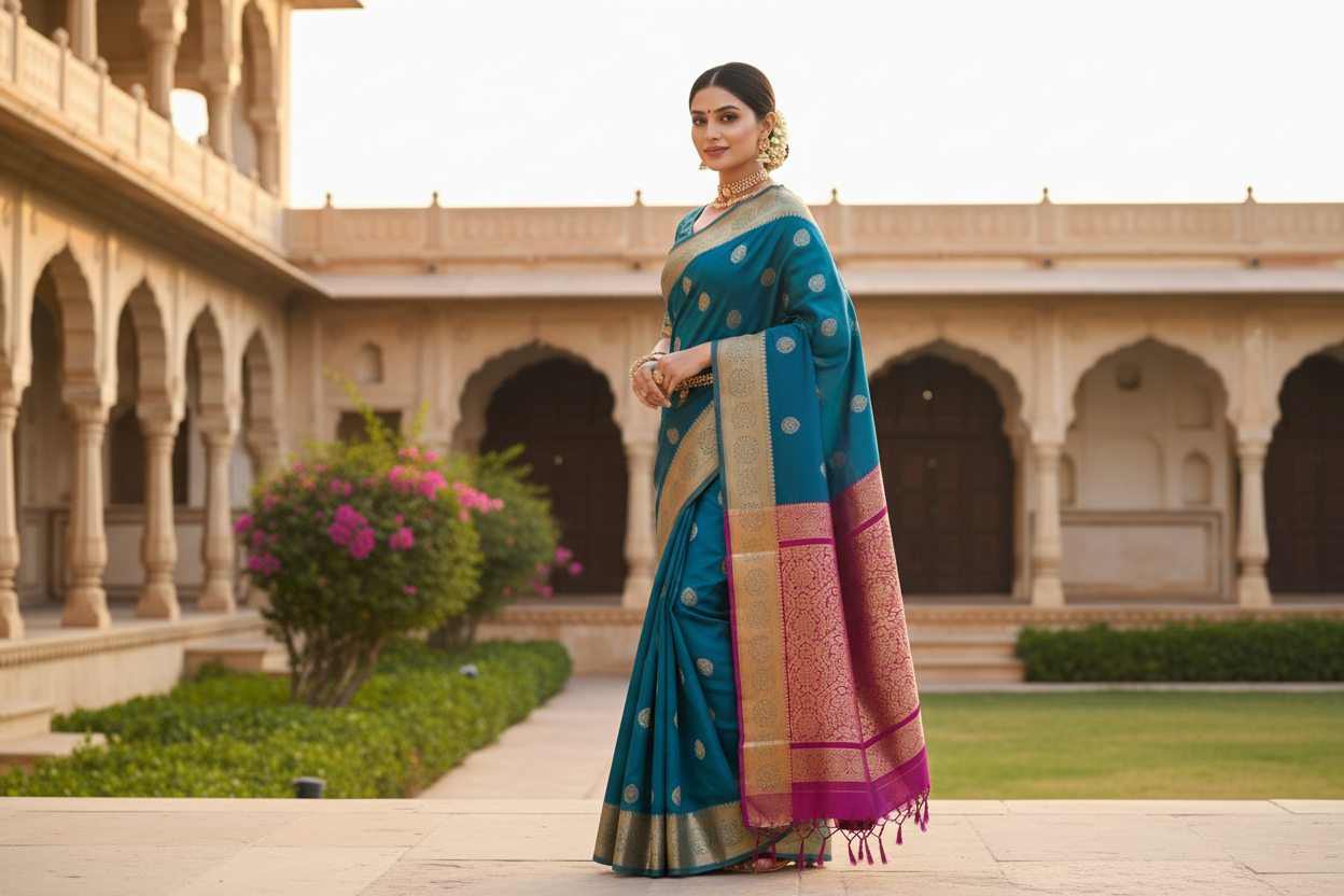 Aesthetic Saree Draping Pose - Teal Blue & Magenta Kanchipuram