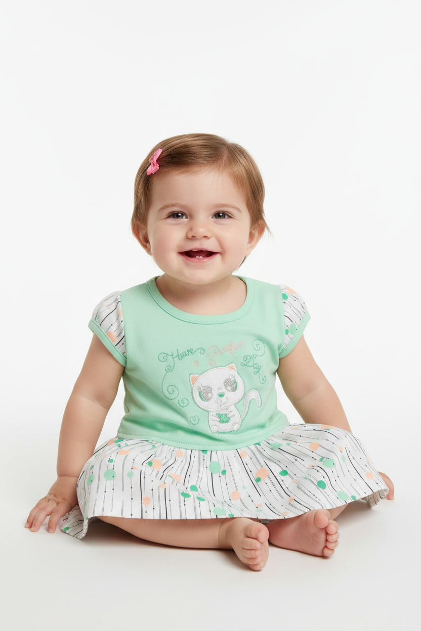 Baby girl wearing mint green cat dress