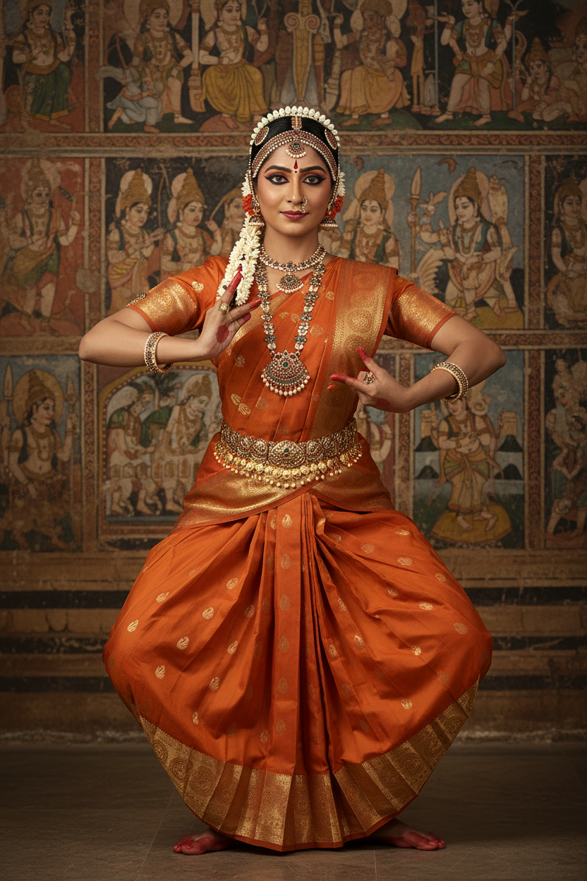 Bharatanatyam Burnt Orange Silk Saree Model