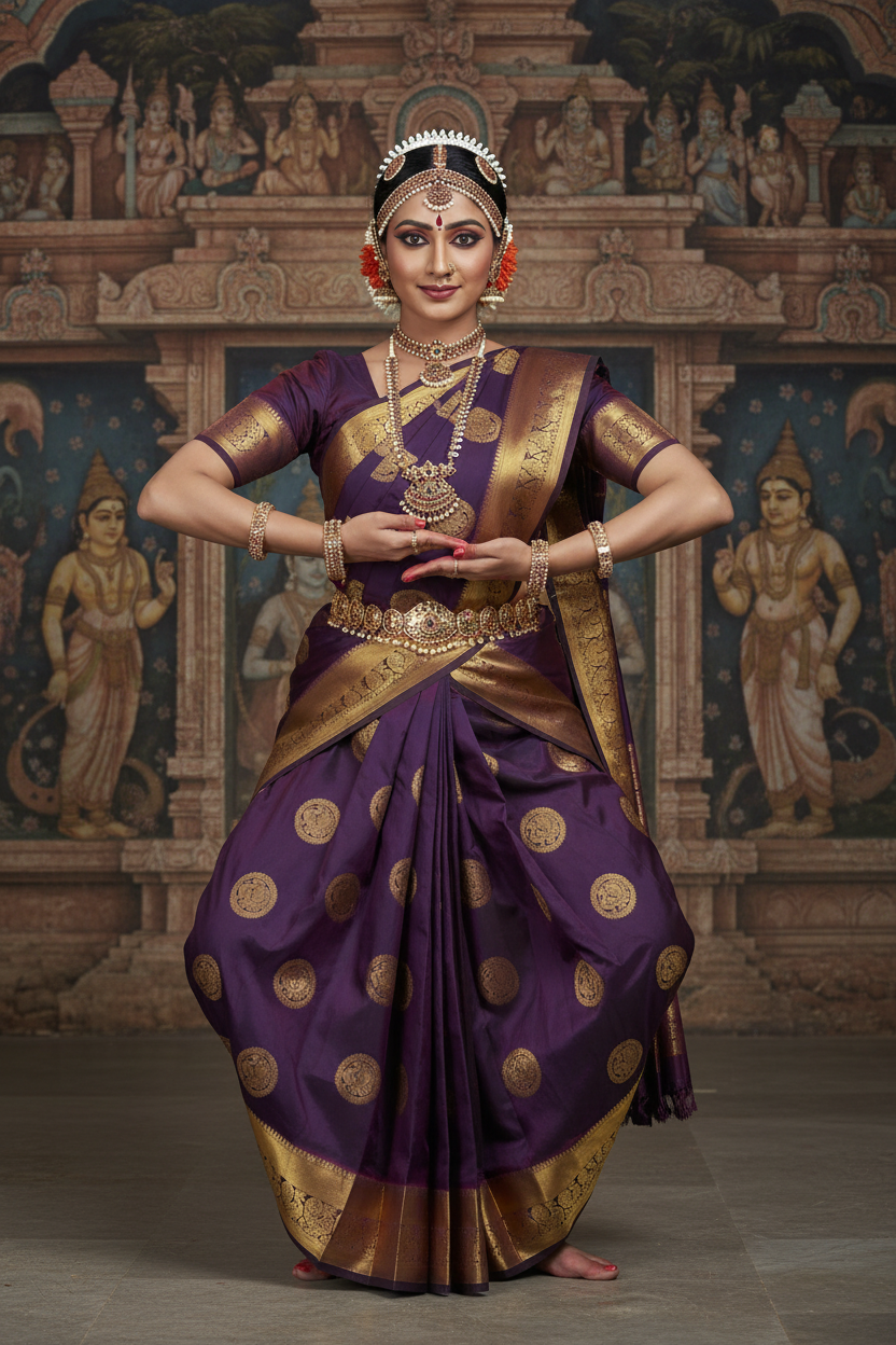 Bharatanatyam Deep Royal Purple Silk Saree with Peacock Medallions