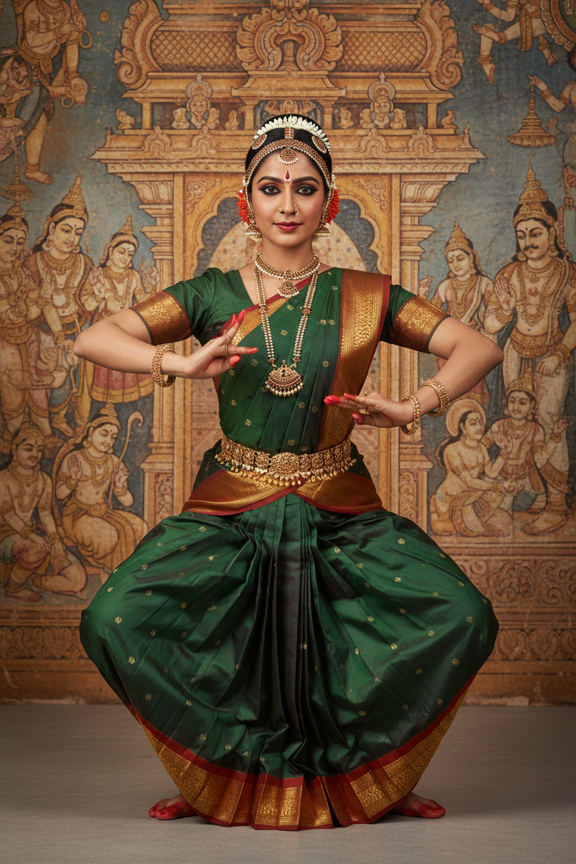 Bharatanatyam Forest Green Silk Saree Model