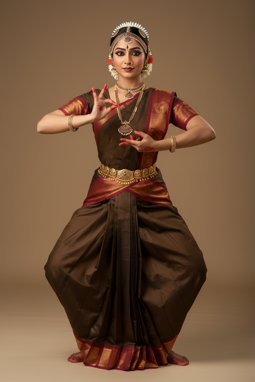 Bharatanatyam Kache Saree - Chocolate Brown with Peacock Border