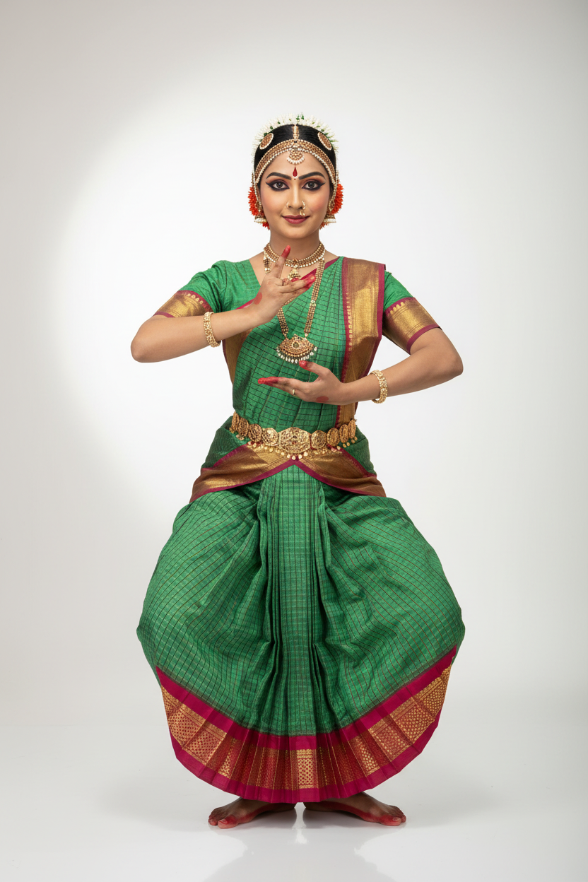 Bharatanatyam Kache Saree - Jade Green with Magenta Border