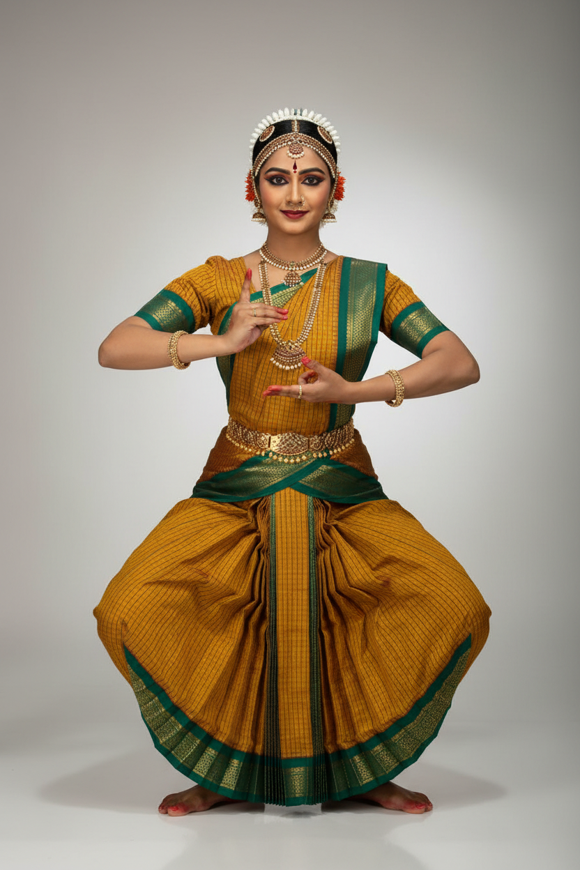 Bharatanatyam Kache Saree - Mustard Yellow with Teal Green Border