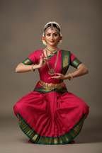 Bharatanatyam Kache Saree - Rose Pink with Gold Stripes & Green Border