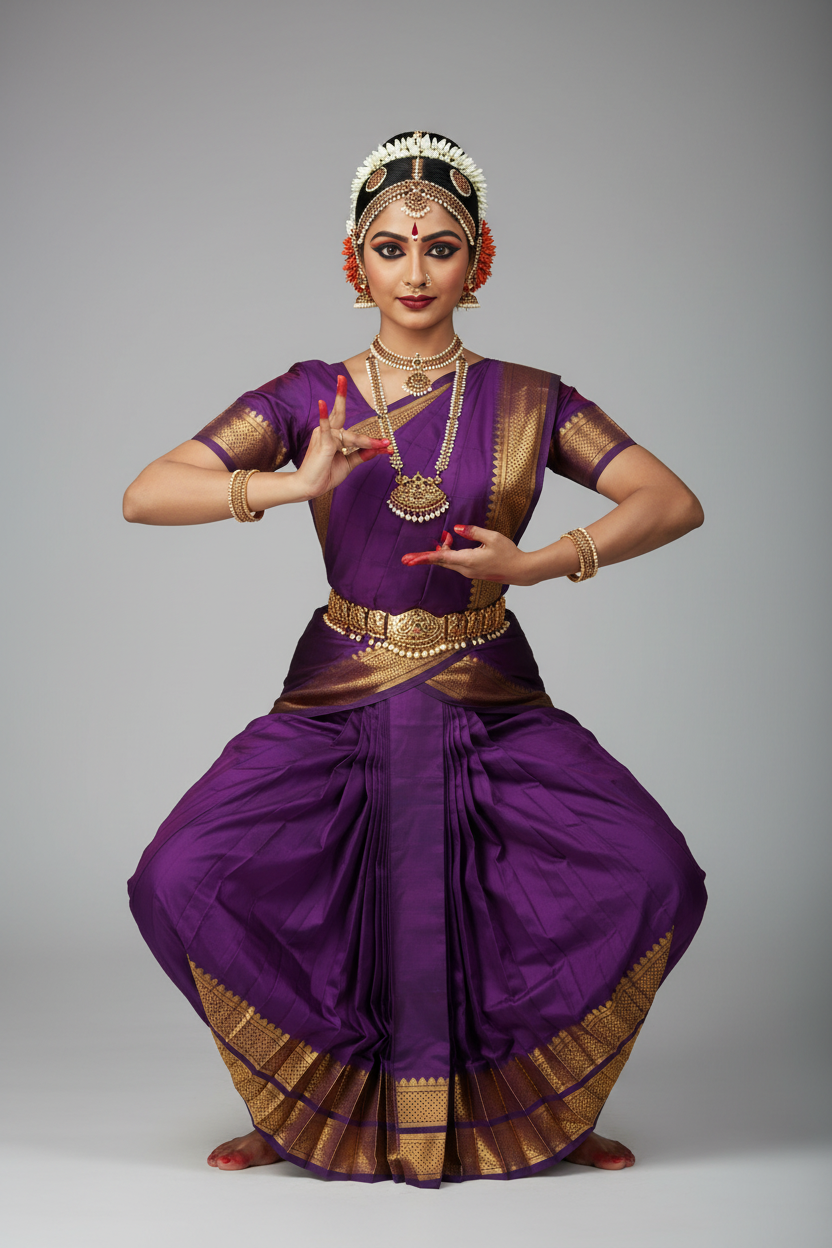 Bharatanatyam Kache Saree - Royal Violet with Gold Border