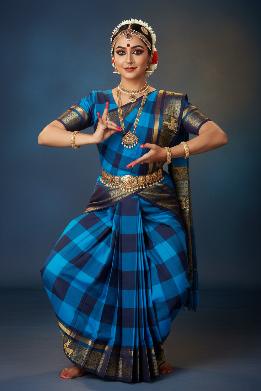 Bharatanatyam Kache Saree - Turquoise Navy Check with Deer Border