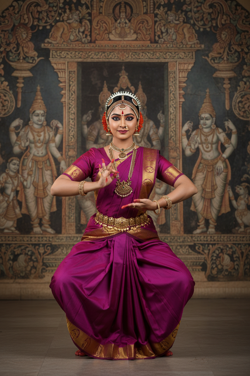 Bharatanatyam Magenta-Purple Silk Saree Model