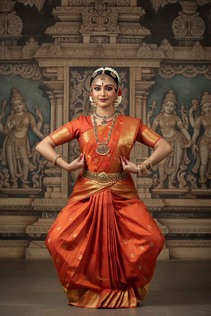 Bharatanatyam Orange-Red Silk Saree Model