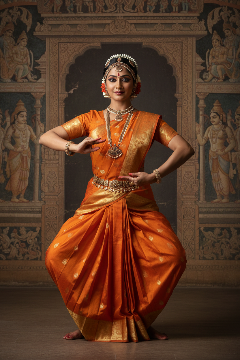 Bharatanatyam Orange Silk Saree with Swan Buttas