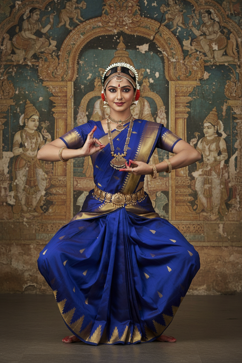 Bharatanatyam Royal Blue Silk Saree with Gopuram Buttas