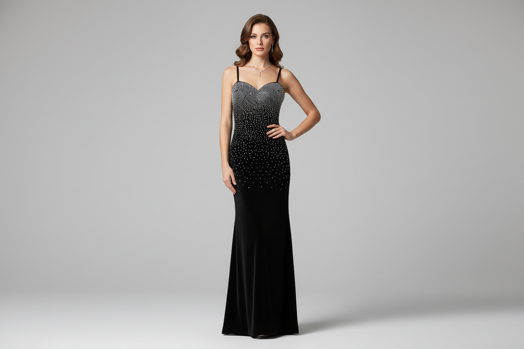 Black Crystal Rhinestone Gown on Model