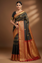 Black & Rust Red Silk Saree Model
