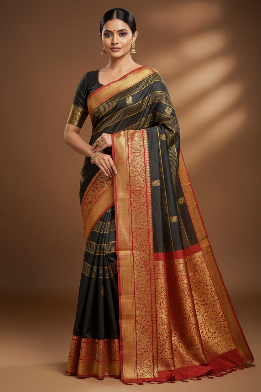 Black & Rust Red Silk Saree Model