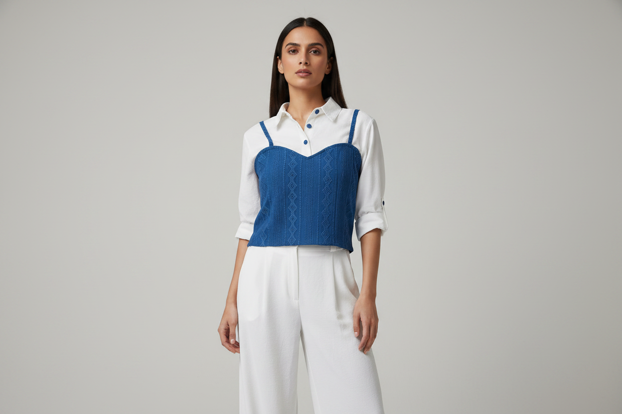 Blue Bustier & White Co-ord Set on Model
