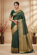 Bottle Green Gold Checks Kanchipuram Saree on Model