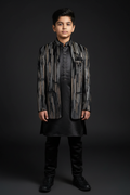 Boy wearing black and silver striped ethnic fusion jacket