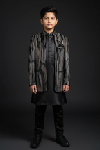 Boy wearing black and silver striped ethnic fusion jacket