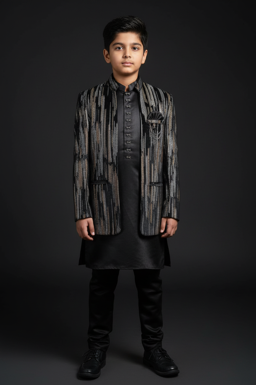 Boy wearing black and silver striped ethnic fusion jacket