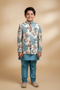 Boy wearing blue kurta with floral embroidered jacket