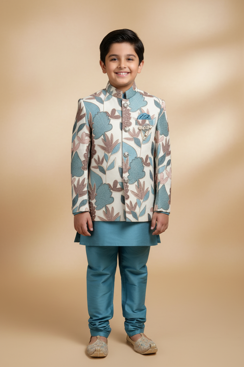 Boy wearing blue kurta with floral embroidered jacket