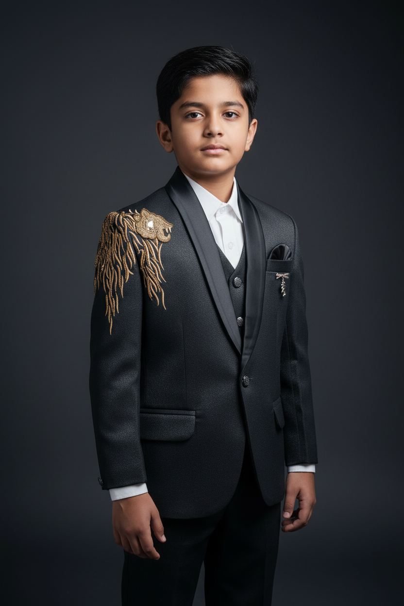 Boy wearing charcoal grey tuxedo with gold lion embroidery