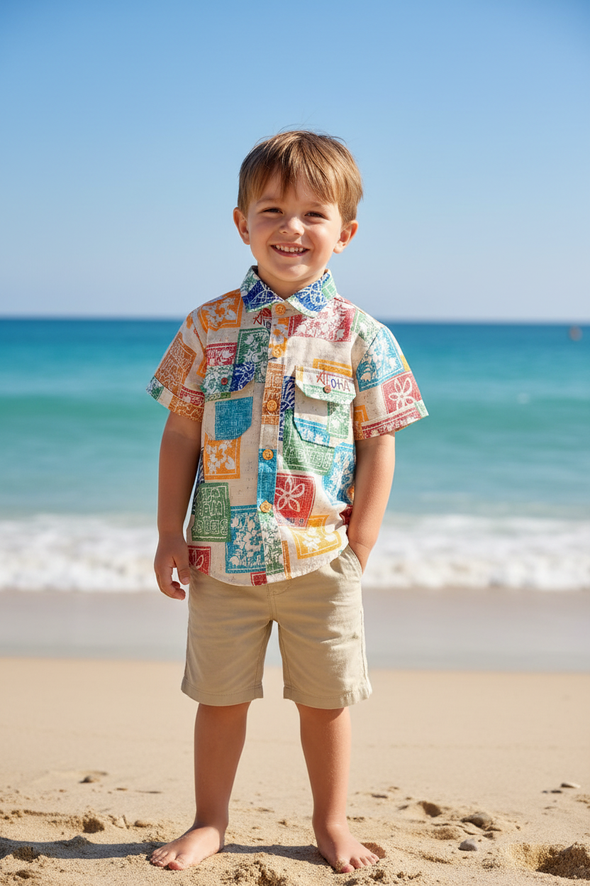 Boy wearing colorful Aloha patchwork shirt