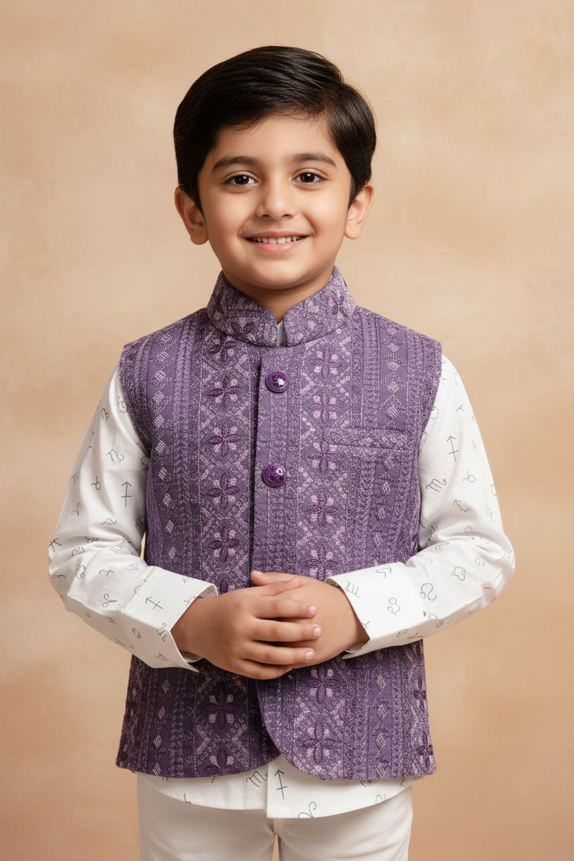 Boy wearing lavender embroidered Nehru jacket with zodiac print shirt