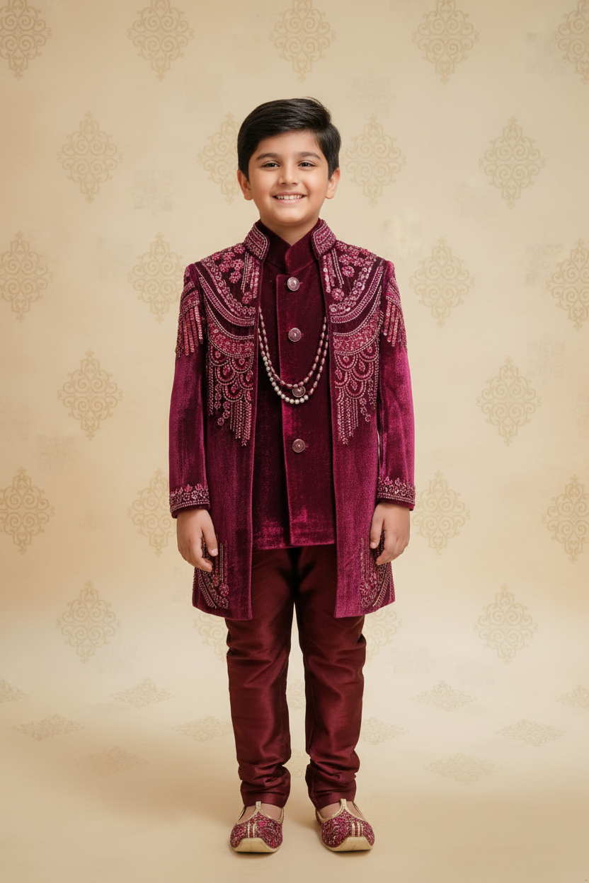 Boy wearing magenta velvet sherwani