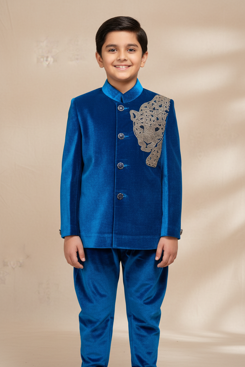Boy wearing royal blue velvet bandhgala with leopard embroidery