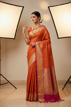 Burnt Orange & Magenta Kanchipuram Saree on Model