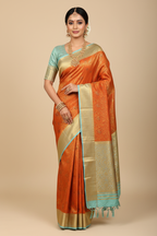 Burnt Orange & Powder Blue Kanjivaram Saree on Model