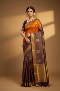 Burnt Orange & Wine Burgundy Silk Saree Model