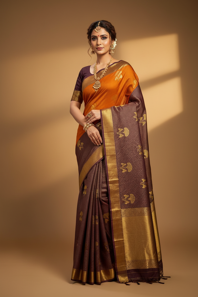 Burnt Orange & Wine Burgundy Silk Saree Model