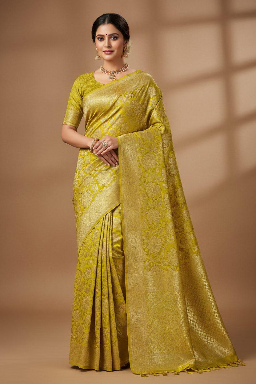 Chartreuse Gold Tissue Silk Saree Model