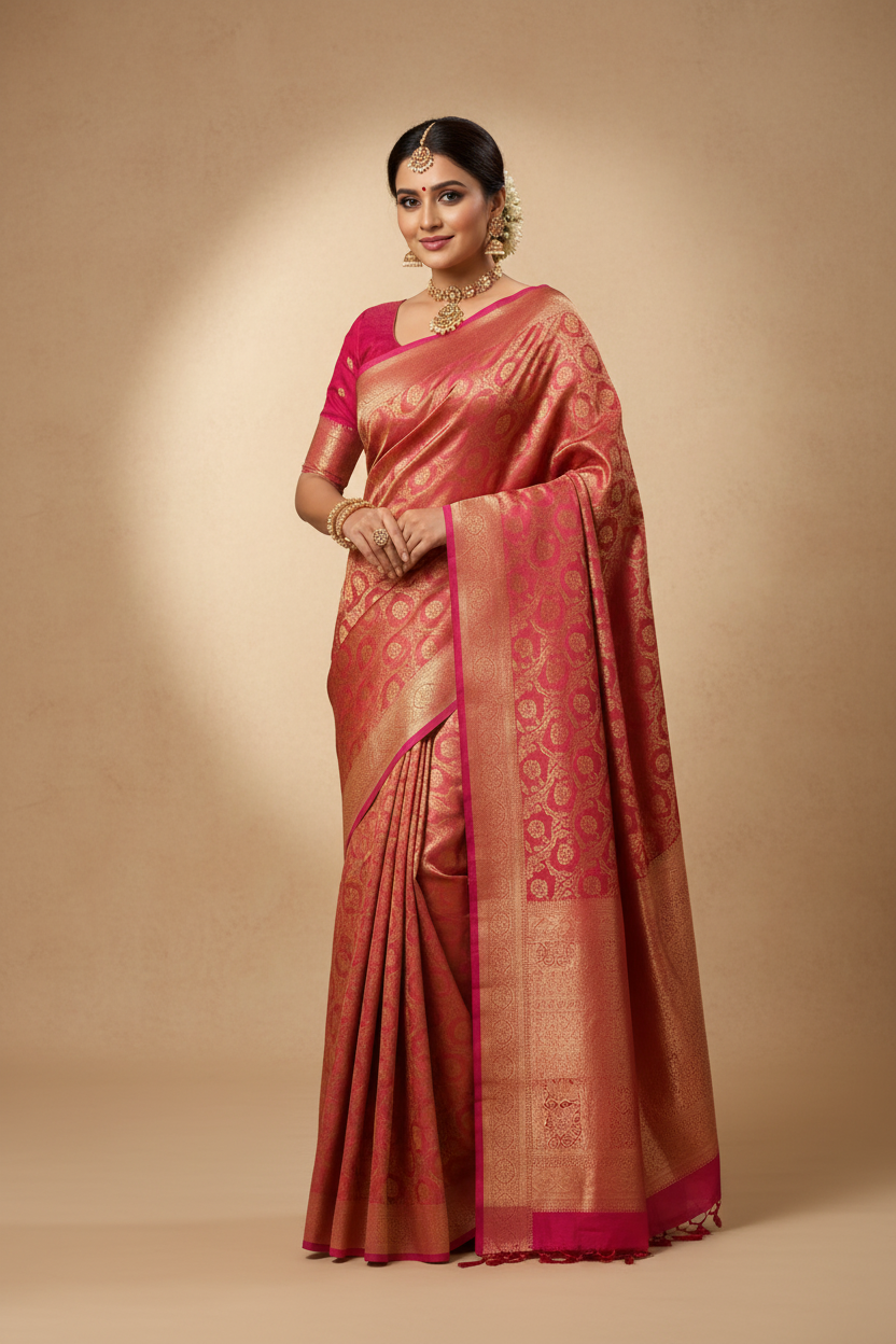 Copper Bronze & Hot Pink Silk Saree Model